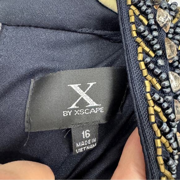 X by Xscape Blue Beaded Collar Formal Mini Dress Women 16 Babydoll Cold Shoulder - Picture 11 of 12